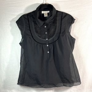 White House Black Market, Sheer Black Short Sleeve Shirt with Lace Decoration